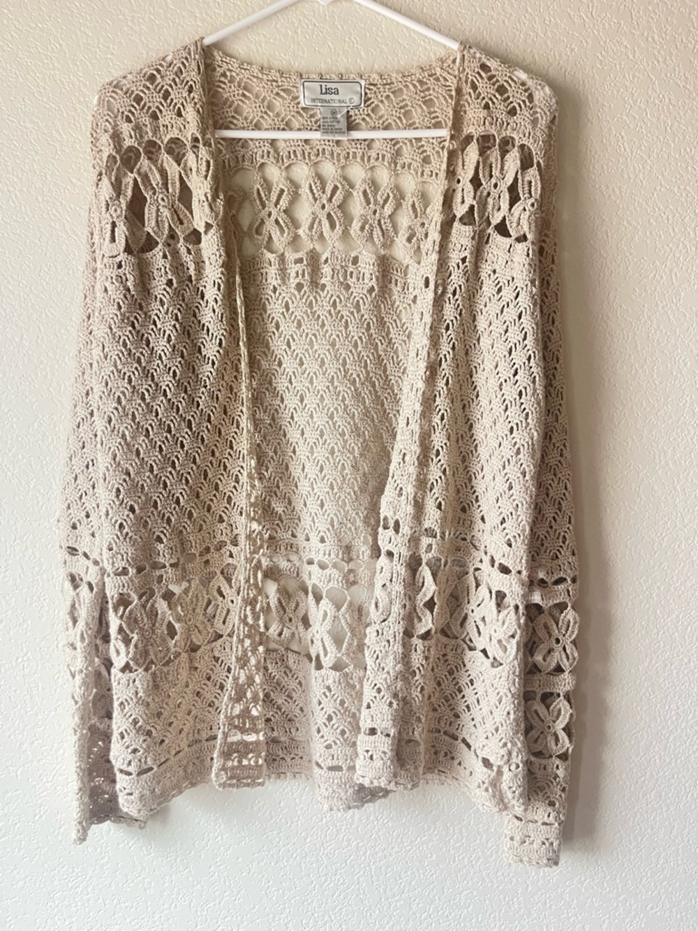 Vintage Cottagecore Oatmeal Beige Linen Cotton Crochet Women's Cardigan